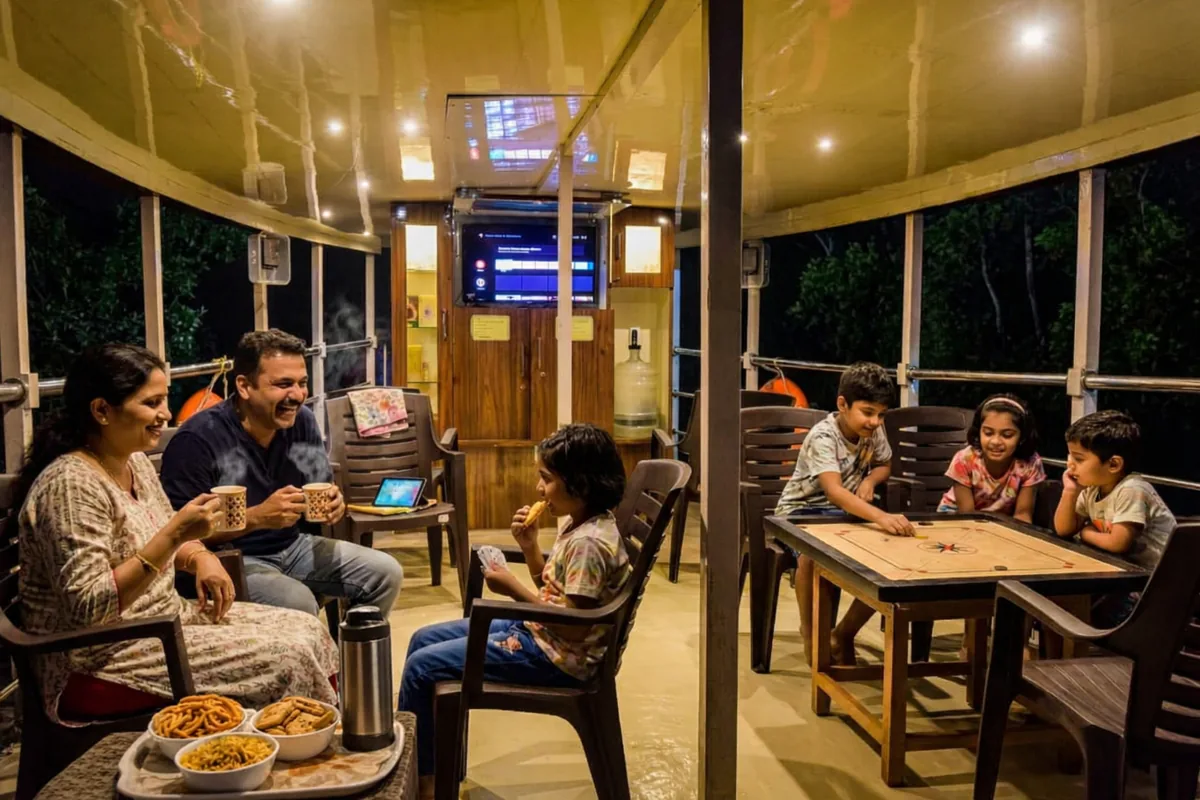 Family enjoying a warm evening together on the Max Adventures houseboat