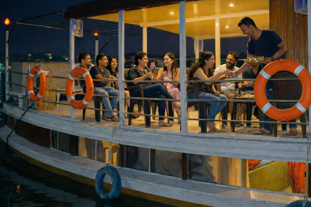 Guests enjoying the open deck of the Max Adventures houseboat at night